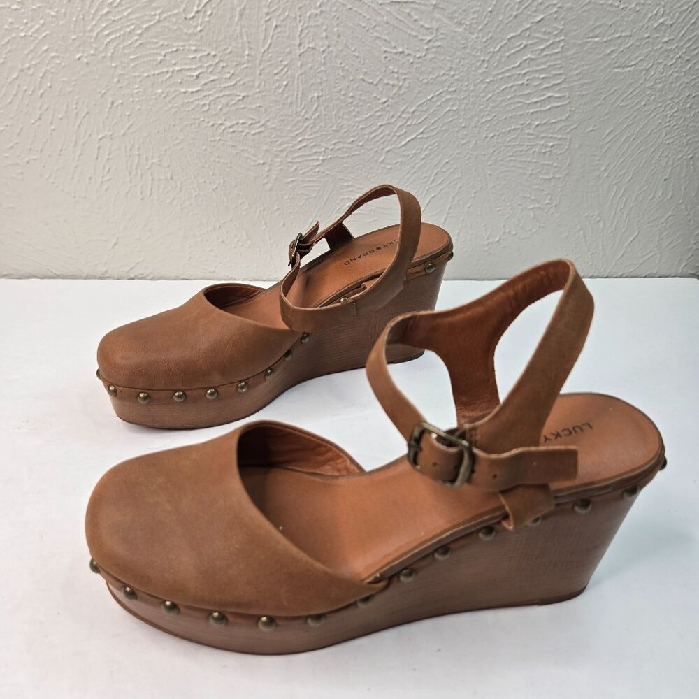 Lucky Brand Boho Clog Shoes 8.5 Brown Leather Studded Chunky Mary Jane Platform